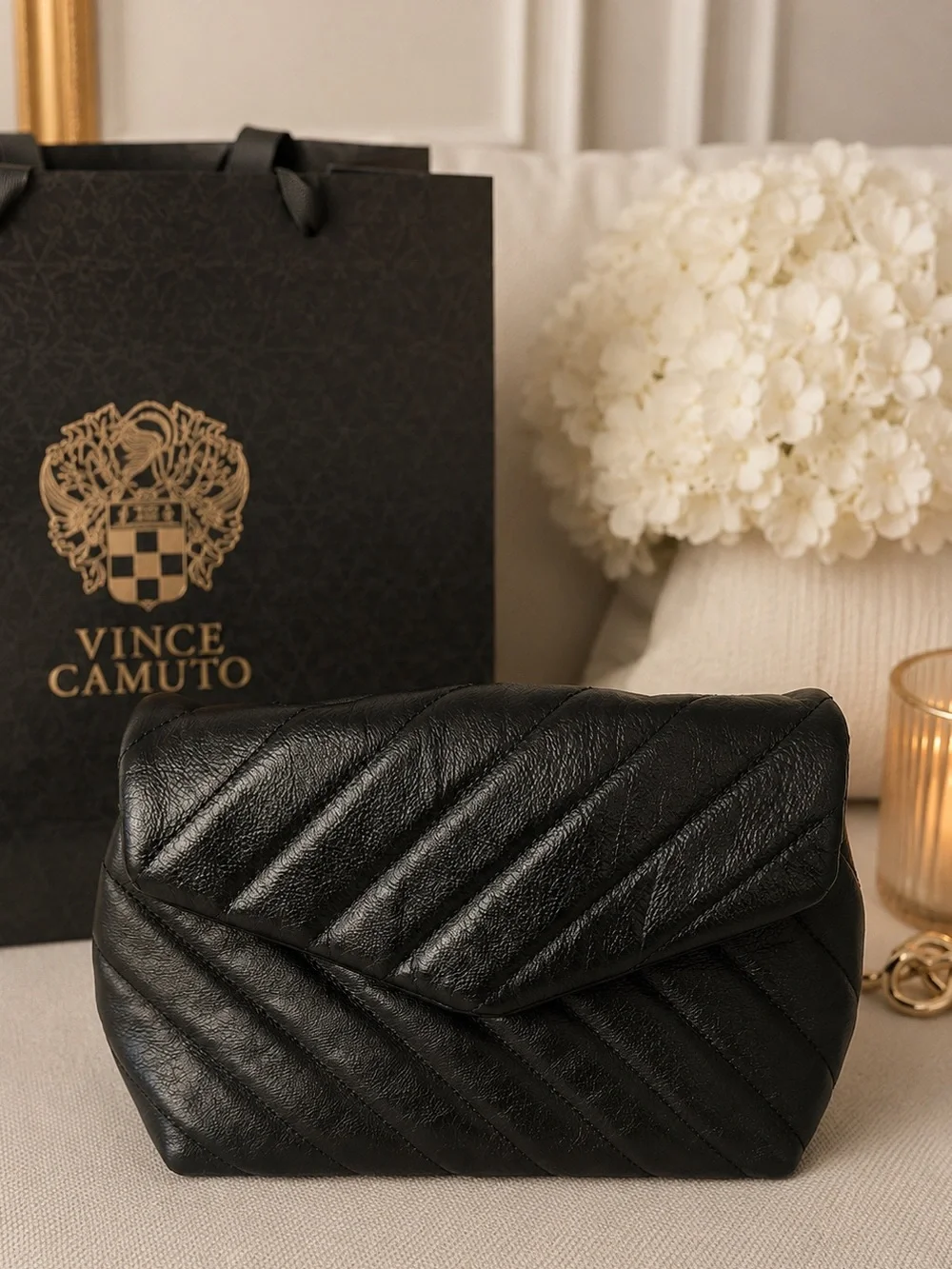 Vince Camuto Black Quilted Leather Envelope Clutch Evening Bag OS